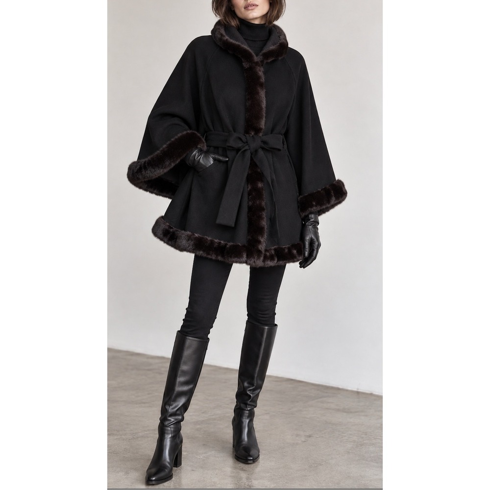 Ellen Tracy Wool Blend Faux Fur Trim Belted Poncho Cape Coat Black M Winter Glam